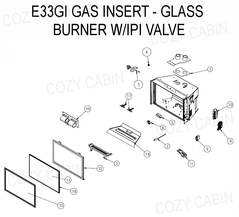 E33GI GAS INSERT GLASS BURNER WITH IPI VALVE (April 1, 2019 - >) #C-15573